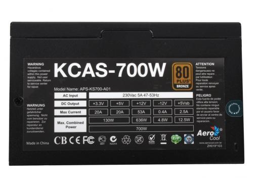 Блок питания Aerocool 700W Retail KCAS-700W , 80+ Bronze, fan 12cm, ATX v2.3/EPS Haswell Ready, 2x PCI-E (6+2-Pin), 7x SATA, 4x MOLEX