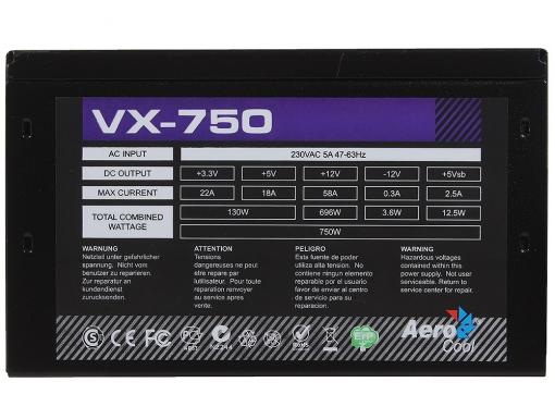 Блок питания Aerocool 750W OEM версия VX-750 ATX v2.3 A.PFC Haswell, fan 12cm, 450mm cable, power cord, PCI-E 6+2P x2/20+4P/4+4P/SATA x6 /MOLEX x3/FDD