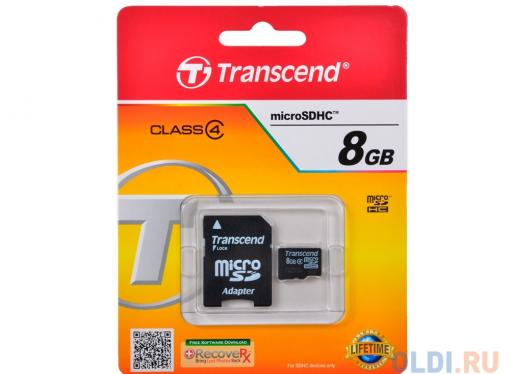 MicroSDHC Transcend  8GB Class 4 + Адаптер (TS8GUSDHC4)