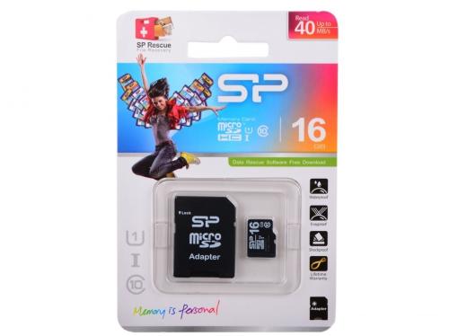 MicroSDHC Silicon Power 16GB Class10 + Адаптер (SP016GBSTH010V10-SP)