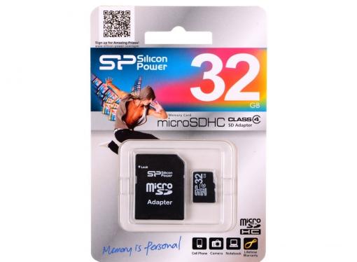 MicroSDHC Silicon Power 32GB Class 4 + Адаптер (SP032GBSTH004V10-SP)