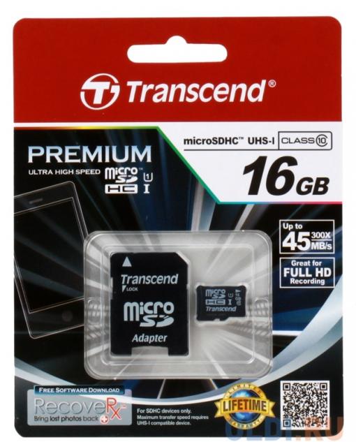 MicroSDHC Transcend 16GB Class10 UHS-I Premium + Адаптер (TS16GUSDU1)