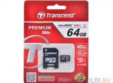 MicroSDXC Transcend 64GB Class10 UHS-I Premium + Адаптер (TS64GUSDU1)