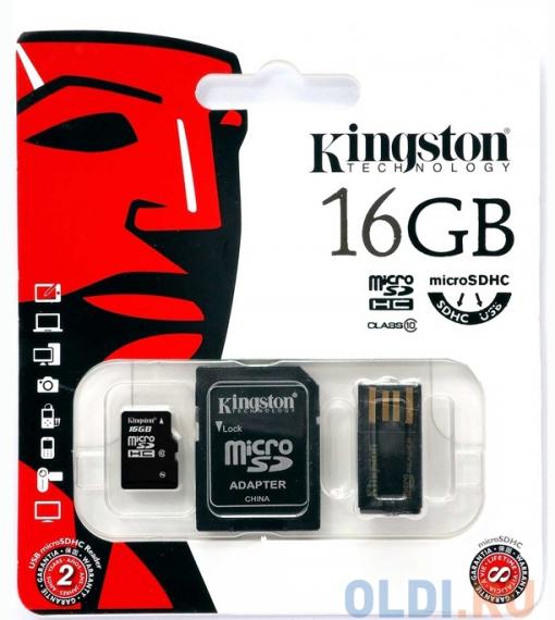 Карта памяти MicroSDHC 16GB Kingston Class10 + адаптер, ридер (MBLY10G2/16GB)