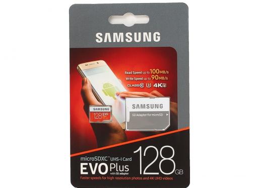 Карта памяти MicroSDXC 128GB Samsung EVO Plus v2 UHS-I U3 + SD Adapter (R100/W90Mb/s) (MB-MC128GA/RU)