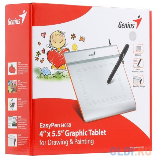 Графический планшет для рисования Genius EasyPen i405X рабочая зона: 4х5.5 дюймов, Стилус, Разрешение: 2560DPI, скорость: 100DPS, Горячих Клавиш: 28,