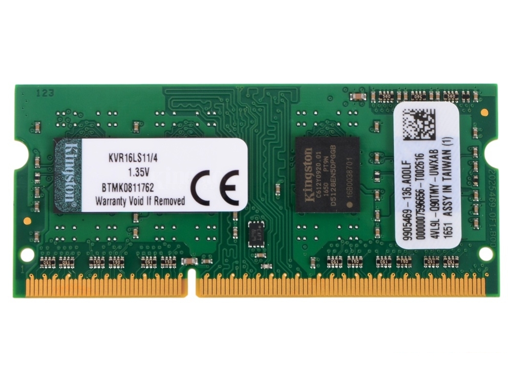 Память SO-DIMM DDR3 4096 Mb (pc-12800) 1600MHz Kingston, 1.35V, CL11 (Retail) (KVR16LS11/4)