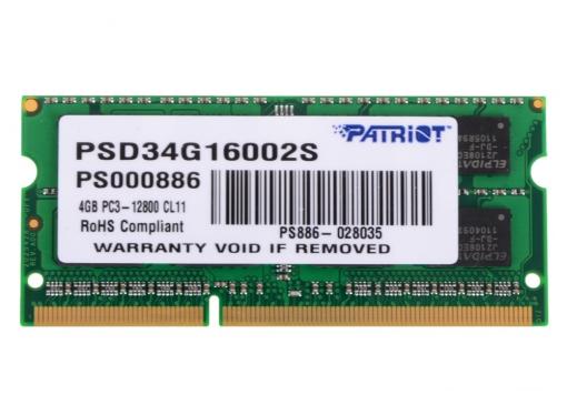 Память SO-DIMM DDR3 4Gb (pc-12800) 1600MHz Patriot (PSD34G16002S)