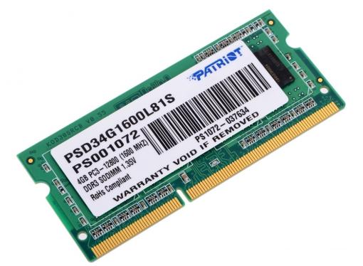 Память SO-DIMM DDR3 4Gb (pc-12800) 1600MHz 1.35V Patriot PSD34G1600L81S