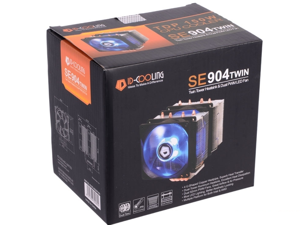 Кулер ID-Cooling SE-904TWIN (150W/Double fan/PWM/Blue LED/all Intel/AMD/Screws)