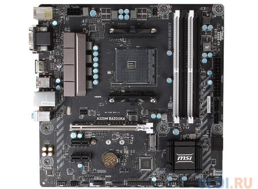 Материнская плата MSI A320M BAZOOKA (AM4, AMD A320, 4*DDR4, PCI-E16x, HDMI, D-SUB, DVI, SATAIII+RAID, M.2, GB Lan, USB 3.1Gen1, mATX, Retail)