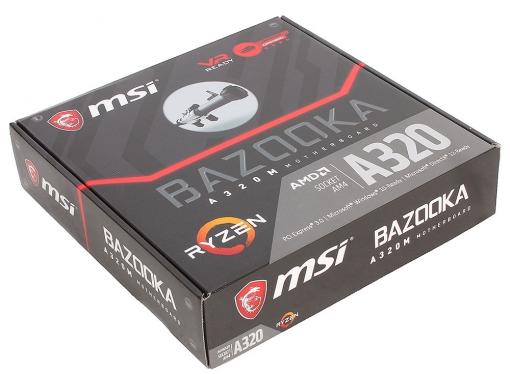 Материнская плата MSI A320M BAZOOKA (AM4, AMD A320, 4*DDR4, PCI-E16x, HDMI, D-SUB, DVI, SATAIII+RAID, M.2, GB Lan, USB 3.1Gen1, mATX, Retail)