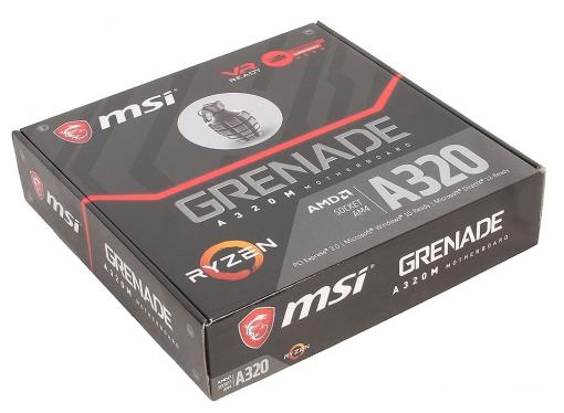 Материнская плата MSI A320M GRENADE (AM4, AMD A320, 2*DDR4, PCI-E16x, HDMI, D-SUB, DVI, SATAIII+RAID, M.2, GB Lan, USB 3.1Gen1, mATX, Retail)