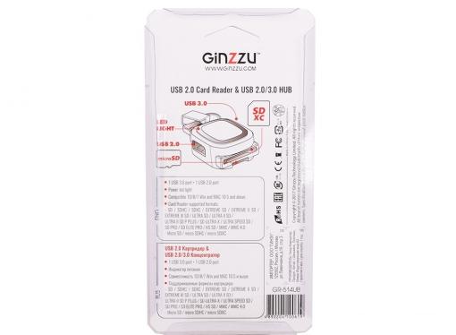 Картридер универсальный Ginzzu GR-514UB USB 2.0 , поддержка форматов SD/SDXC/SDHC/MMC microSD/SDXC/SDHS + концентратор: порт USB 3.0 +  порт USB 2.0,