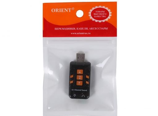 Адаптер ORIENT AU-01PL, USB to Audio, 2 x jack 3.5 mm для подключения гарнитуры к порту USB, кнопки: регулировка громкости, выкл.микрофона и наушников