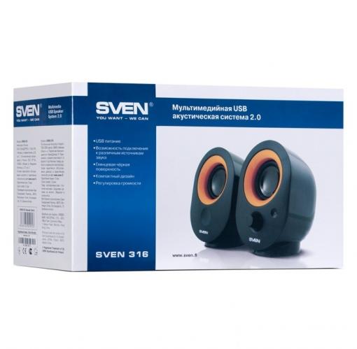 Колонки Sven 316, чёрный, USB, акустическая система 2.0, мощность 2х2 Вт(RMS)