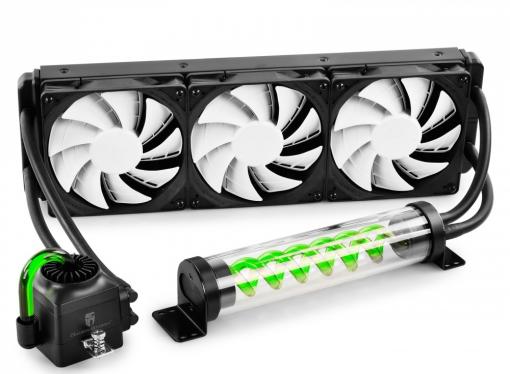 Корпус Deepcool GENOME II BK-GN , ATX, без БП, боковое окно, зеленая спираль, система водяного охлаждения.