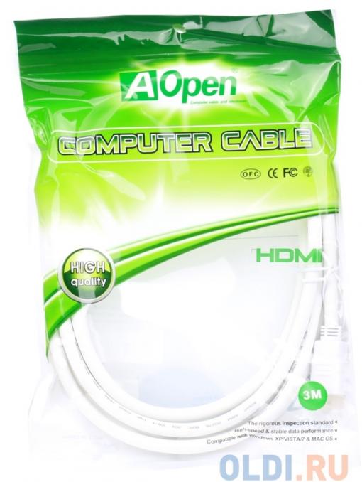 Кабель HDMI 19M/19M 3.0m ver:1.4 +3D/Ethernet AOpen [ACG511W-3M] белый, позолоченные контакты