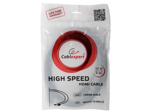 Кабель HDMI-microHDMI Gembird/Cablexpert, 3.0м, v1.3, 19M/19M, черный, позол.разъемы, экран, пакет  CC-HDMID-10