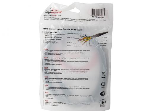Кабель HDMI-microHDMI Gembird/Cablexpert, 3.0м, v1.3, 19M/19M, черный, позол.разъемы, экран, пакет  CC-HDMID-10