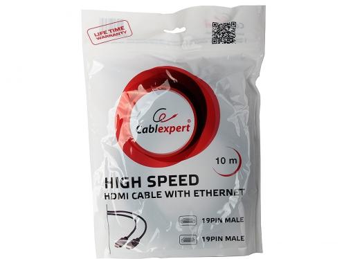 Кабель HDMI Gembird/Cablexpert, 10м, v1.4, 19M/19M, черный, позол.разъемы, экран, пакет  CC-HDMI4-10M