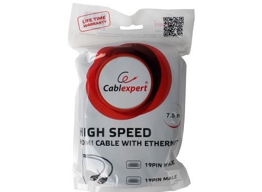 Кабель HDMI Gembird/Cablexpert, 7.5м, v1.4, 19M/19M, черный, позол.разъемы, экран, пакет  CC-HDMI4-7.5M