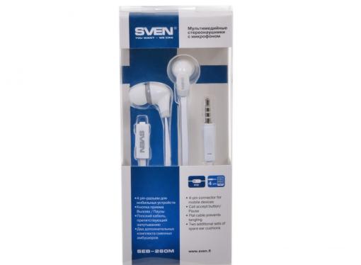 Гарнитура SVEN SEB-260M, белый, для моб. устройств (4pin jack), микрофон на кабеле