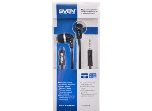 Гарнитура SVEN SEB-260M, черный, для моб. устройств (4pin jack), микрофон на кабеле