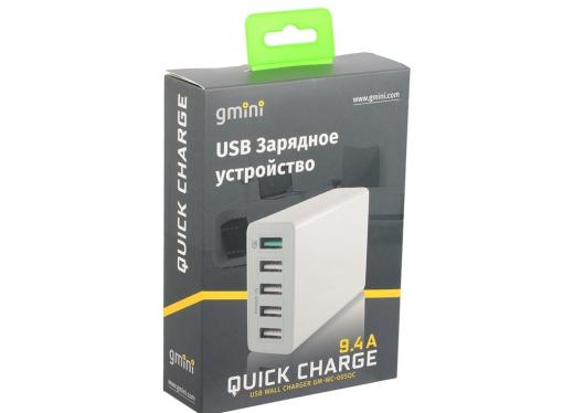 Зарядное устроиство USB от сети питания 220В Gmini GM-WC-005QC, с 4 USB портами Smart Charge и 1 USB QC3.0 порт, 5В9.4А, белый