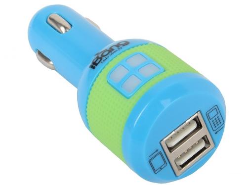 Автомобильное зарядное устройсто USB iBang Skypower - 1009 (для тел. и планшетов, 2 USB выхода, 5 В/2100 мА макс. (1600 мА + 500 мА), син+зел/сирен)
