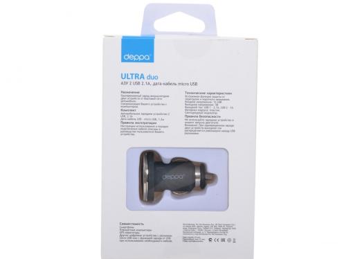 Автомобильное зарядное устройство Deppa  2 USB 2,1А, дата-кабель micro USB, черный (11206)