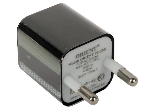 Зарядное устройство/адаптер питания USB от эл.сети Orient PU-2301, выход 5В/1000мА, черный
