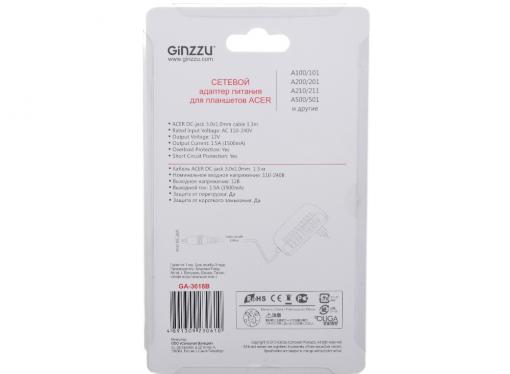 Сетевое зарядное устройство GINZZU GA-3618B СЗУ 12V/1.5A, кабель DC-jack, 1.3м для Acer Iconia Tab