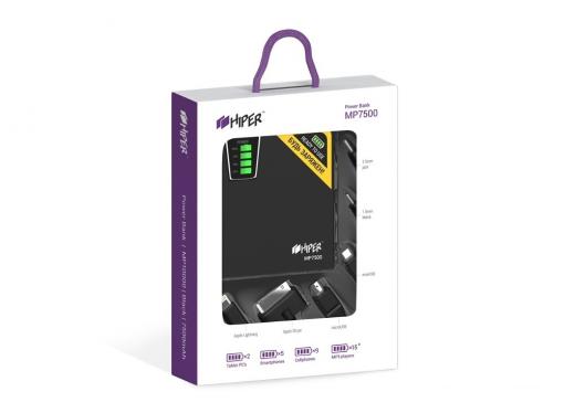 Внешний аккумулятор Hiper MP7500 Black, 7500mAh, 2xUSB 2.1A, Li-Ion, индикатор заряда, комплект переходников