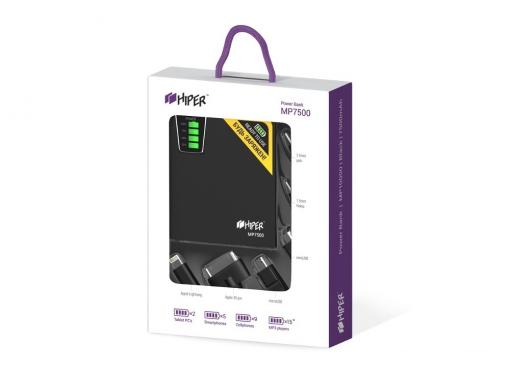 Внешний аккумулятор Hiper MP7500 Black, 7500mAh, 2xUSB 2.1A, Li-Ion, индикатор заряда, комплект переходников