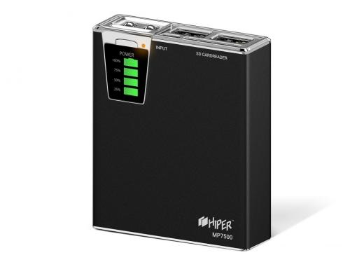 Внешний аккумулятор Hiper MP7500 Black, 7500mAh, 2xUSB 2.1A, Li-Ion, индикатор заряда, комплект переходников