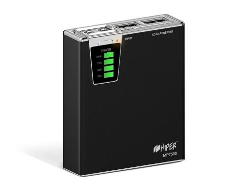 Внешний аккумулятор Hiper MP7500 Black, 7500mAh, 2xUSB 2.1A, Li-Ion, индикатор заряда, комплект переходников