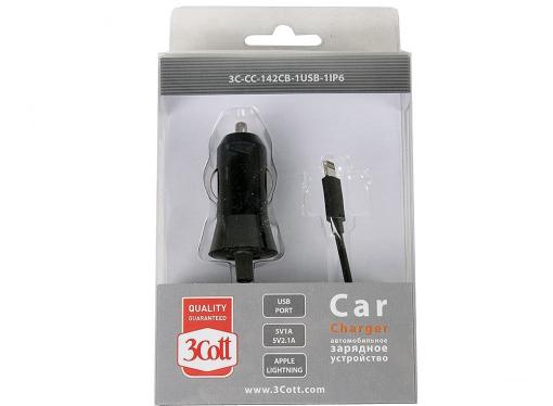 Автомобильное зарядное устроиство 3Cott 3C-CC-142CB-1USB-1IP6, с выходом  5В 1А USB Type A/F  и кабелем Lightning 0,9 м с выходом 5В 2.1А, черный