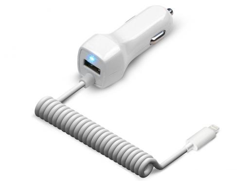 Универсальное зарядное устройство Jet.A от прикуривателя 12В-24В UC-I15 (1 USB-порт, 2.1А, встроенный кабель lightning 8 pin) Цвет - белый