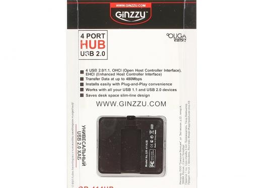 Концентратор USB 2.0 Ginzzu, 4 порта, черный (GR-414UB)
