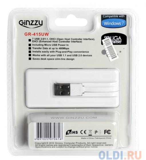 Концентратор USB 2.0 Ginzzu GR-415UW (7 портов, White)