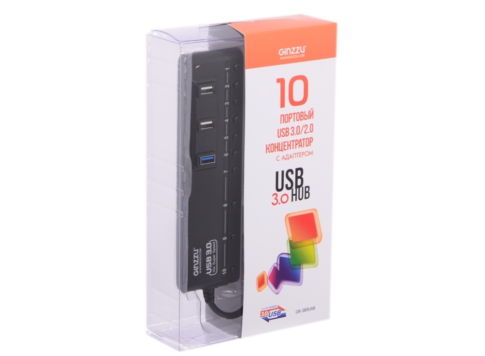 Концентратор USB3.0 HUB 10 портов(4xUSB 3.0 + 6xUSB 2.0) Ginzzu GR-380UAB с кнопками выключения портов, блок питания, черный