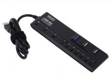 Концентратор USB3.0 HUB 10 портов(4xUSB 3.0 + 6xUSB 2.0) Ginzzu GR-380UAB с кнопками выключения портов, блок питания, черный