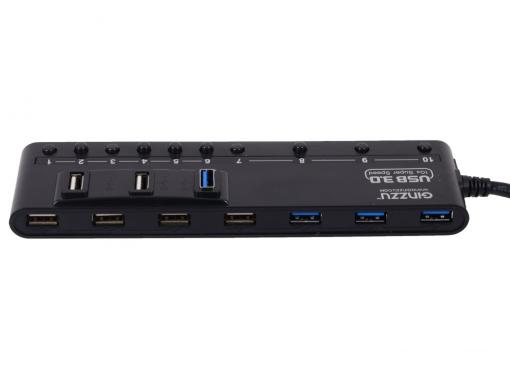 Концентратор USB3.0 HUB 10 портов(4xUSB 3.0 + 6xUSB 2.0) Ginzzu GR-380UAB с кнопками выключения портов, блок питания, черный