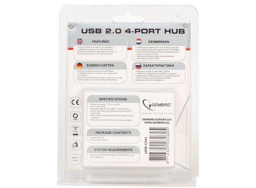 Концентратор USB 2.0 Gembird UHB-C244, 4 порта, питание, блистер