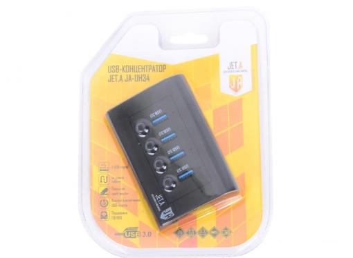 USB-концентратор Jet.A JA-UH34 на 4 порта USB 3.0, с выключателями портов, чёрный
