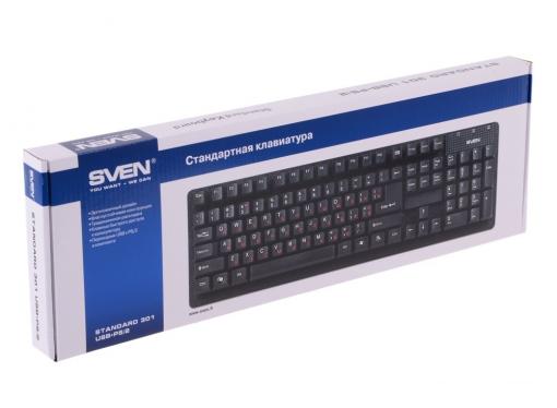 Клавиатура SVEN Standard 301 USB+PS/2 чёрная, 105 клавиш, переходник USB-PS/2, красная кириллица, классич. раскладка, коробка цвет
