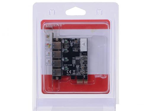 Контроллер PCI-E to USB3.0 Orient VA-3U4PE 4-х портовый хост-адаптер для шины PCI Express, доп.разъём питания, VIA, ret