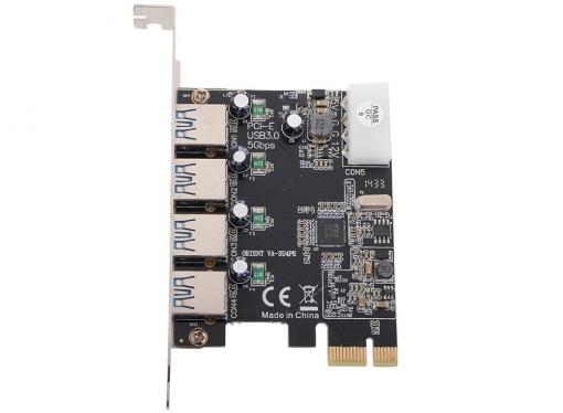 Контроллер PCI-E to USB3.0 Orient VA-3U4PE 4-х портовый хост-адаптер для шины PCI Express, доп.разъём питания, VIA, ret