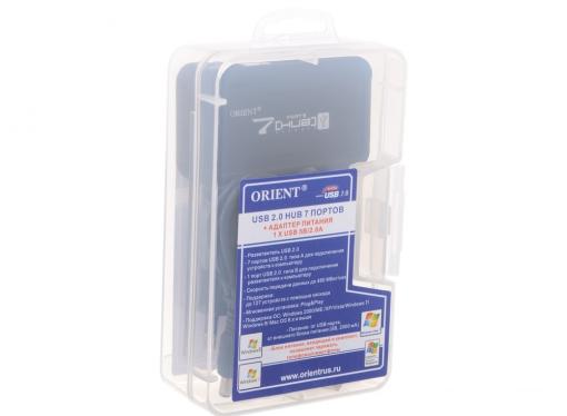 Концентратор USB 2.0 Orient KE-700NP (7 Port, c БП 1xUSB (5V, 2A), подставка для вертикальной установки, цвет черный)